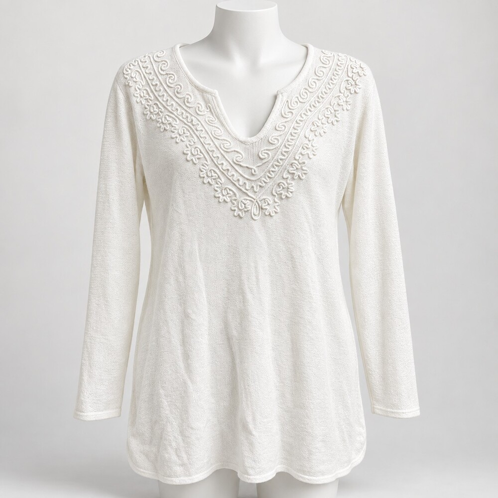 3X White Cotton Long Sleeve Embroidered Floral Blouse